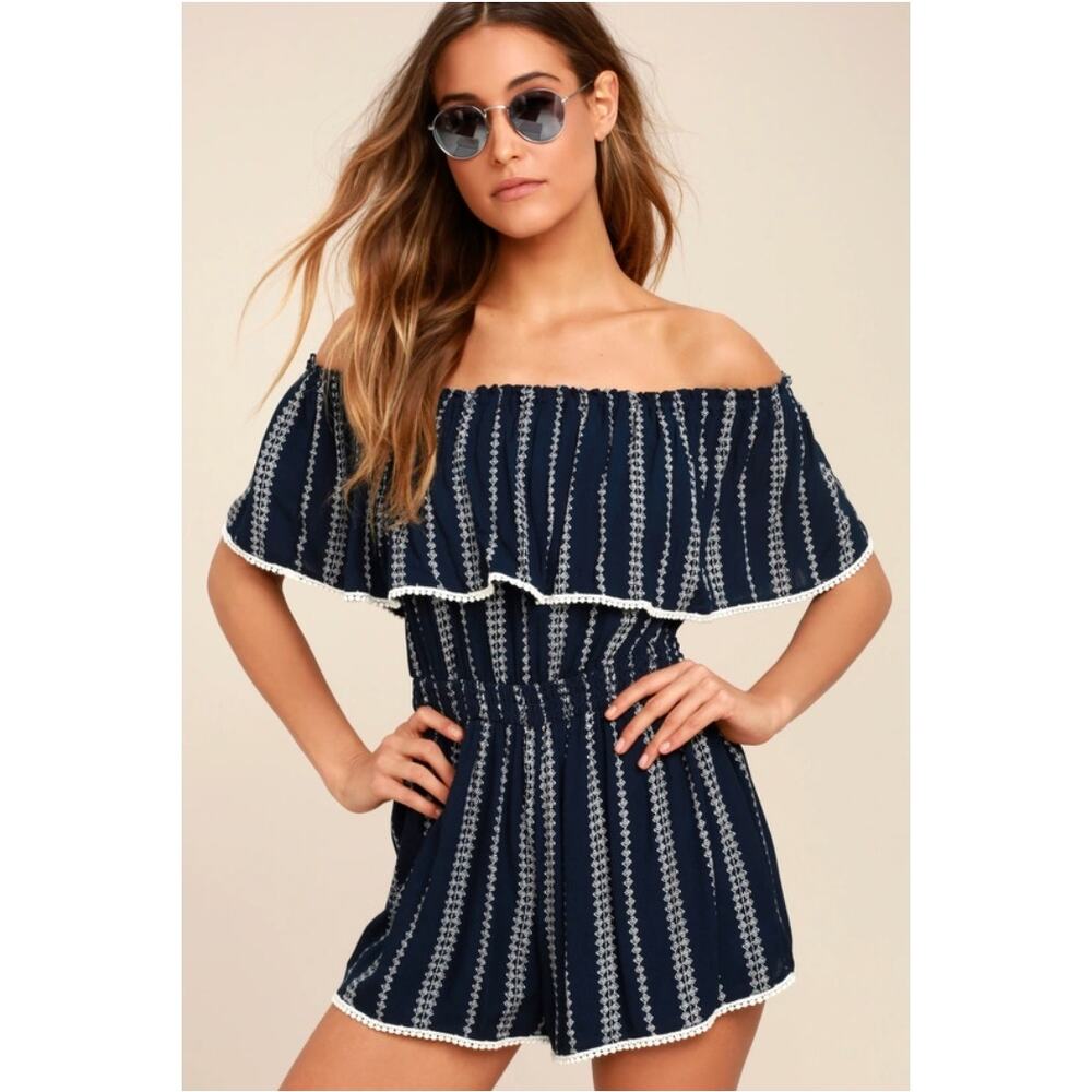 Lulus See Ya There Navy & Ivory Off Shoulder Romper Women's Medium Boho Playsuit
